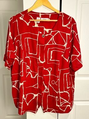 Naomi Red & White Geometric Short Sleeve Blouse Career Casual Americana 3x
